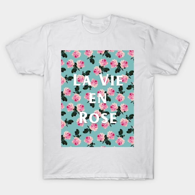 La Vie En Rose - scattered pink vintage roses on turquoise T-Shirt by bettyretro